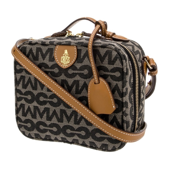 MARK CROSS Madison Mini Crossbody | MC Chain Jacquard Black/  Smooth Calf Camel - Picture 1 of 16